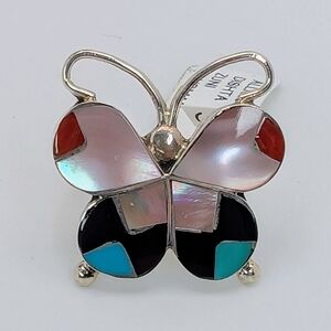 Native Inlay Butterfly Ring S925 Sterling Silver Turquoise Onyx Coral Size 6